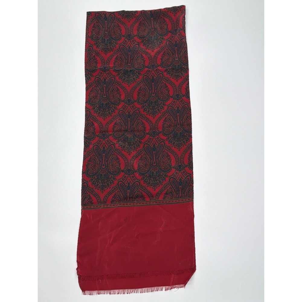 Vintage Red Paisley Damask Rectangular Scarf Navy Blue Fringed Long Wrap 10x52